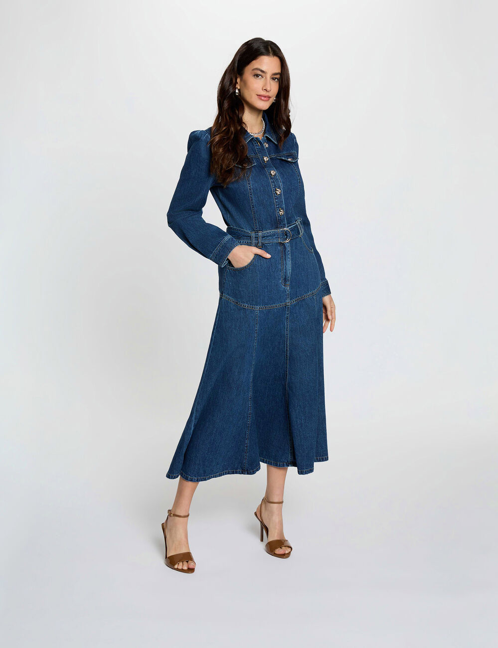 Langes, figurbetontes Kleid rohes denim damen