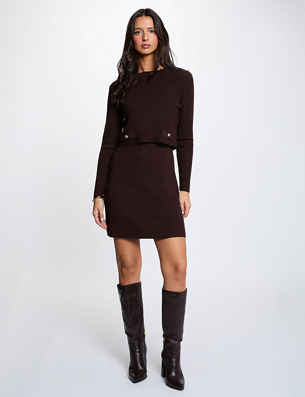 Kurzes Strickkleid im 2-in-1-Look dunkelbraun damen