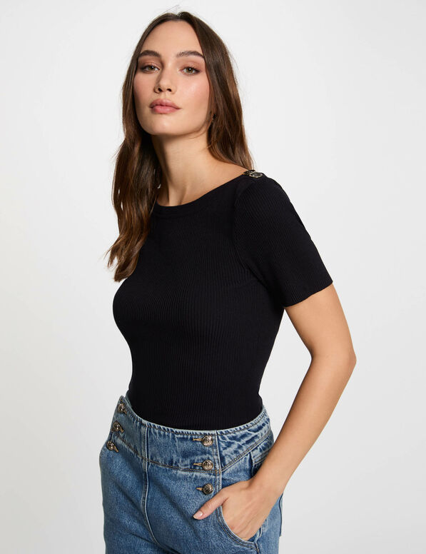 pull col bateau et boutons bleu marine femme Pull col bateau et boutons bleu marine femme