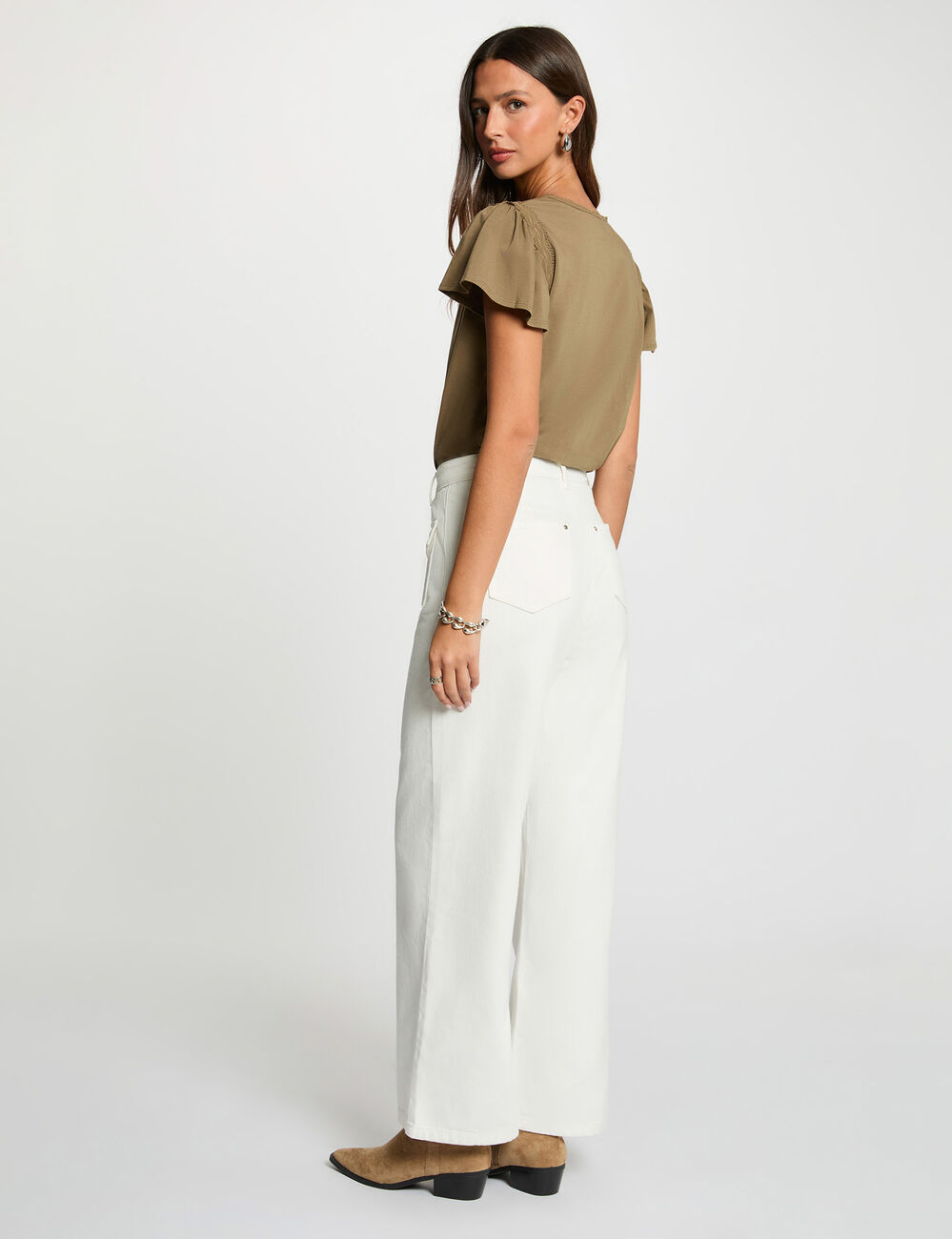 T-shirt col v volants vert kaki femme