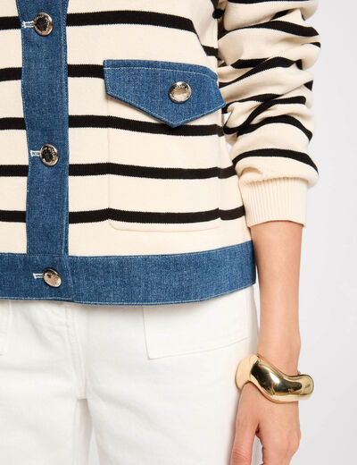 Gilet col à revers rayé ivoire femme