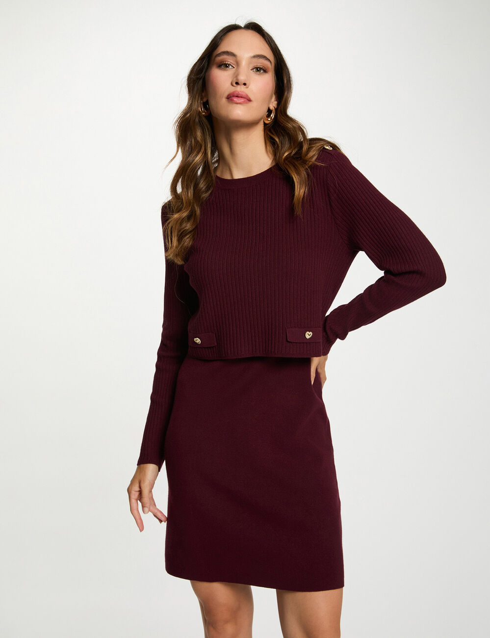 Robe tricot courte effet 2-en-1 prune femme