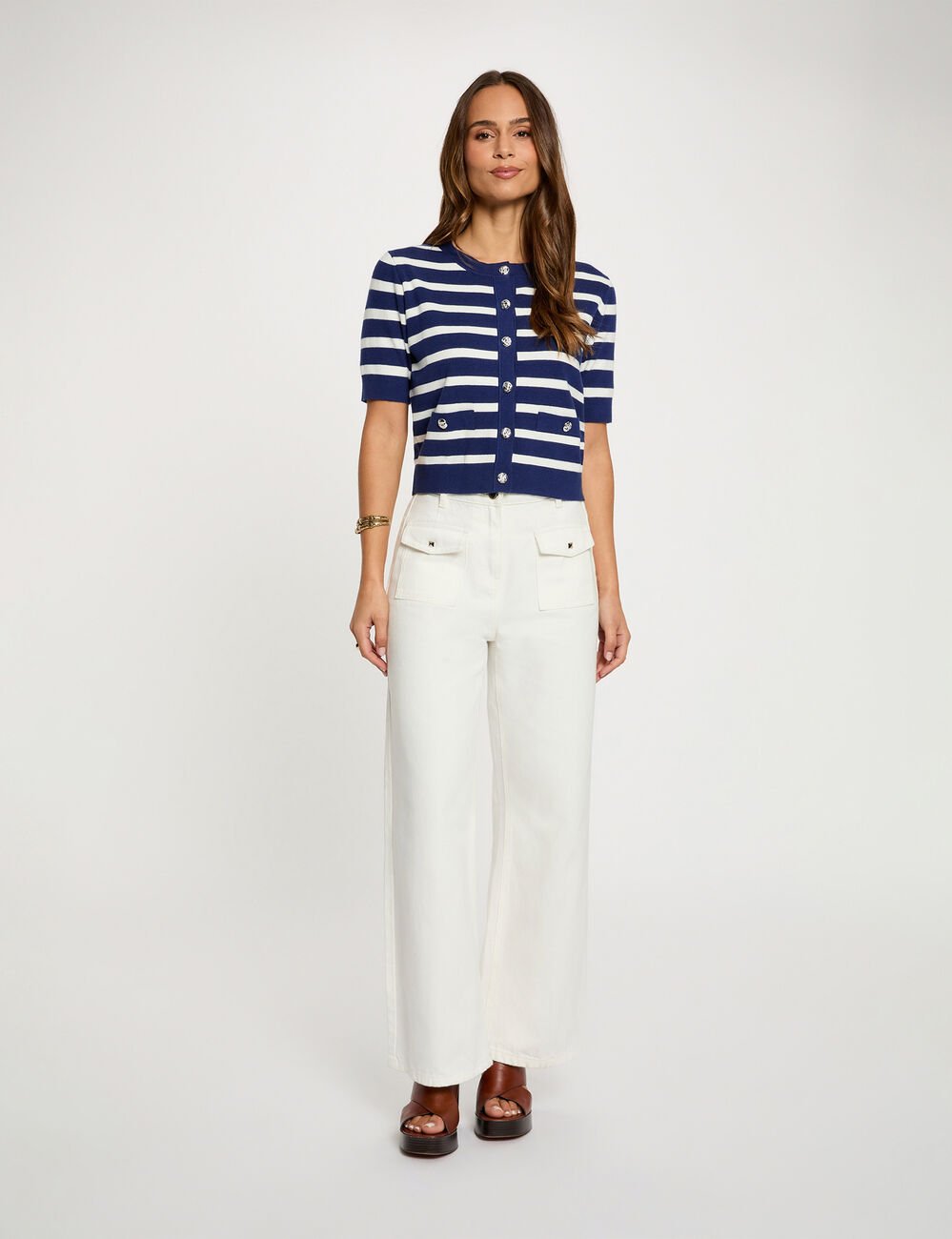 Gestreifte Strickjacke mit kurzen &Auml;rmeln marineblau damen