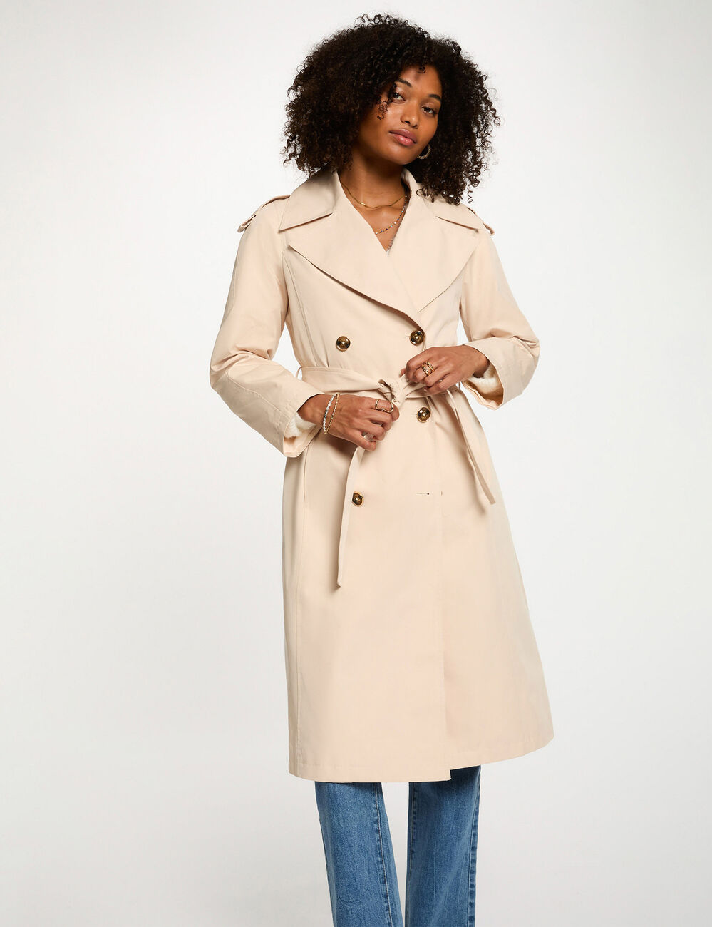Trench long col tailleur sable femme