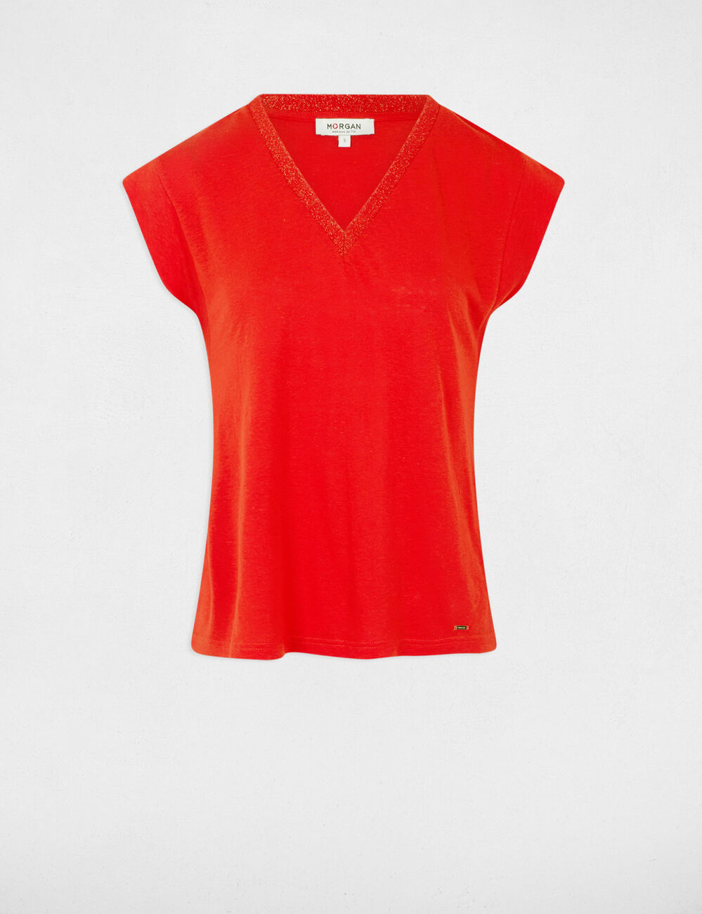 T-shirt manches courtes à col en V orange femme