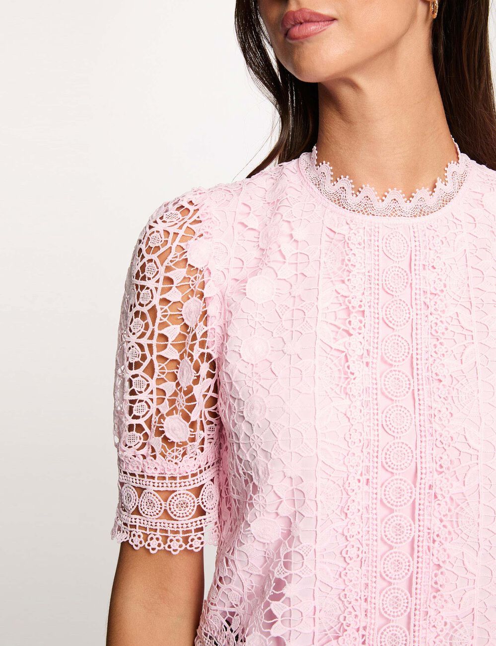 Blouse manches courtes en dentelle rose femme