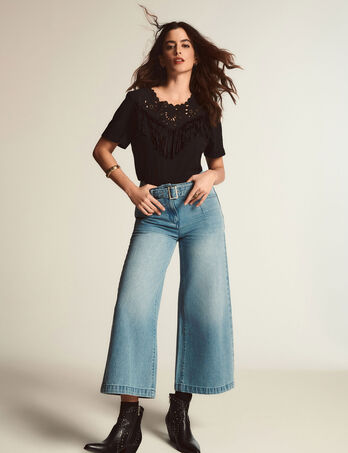 Jeans large 7/8ème ceinturé denim bleach femme