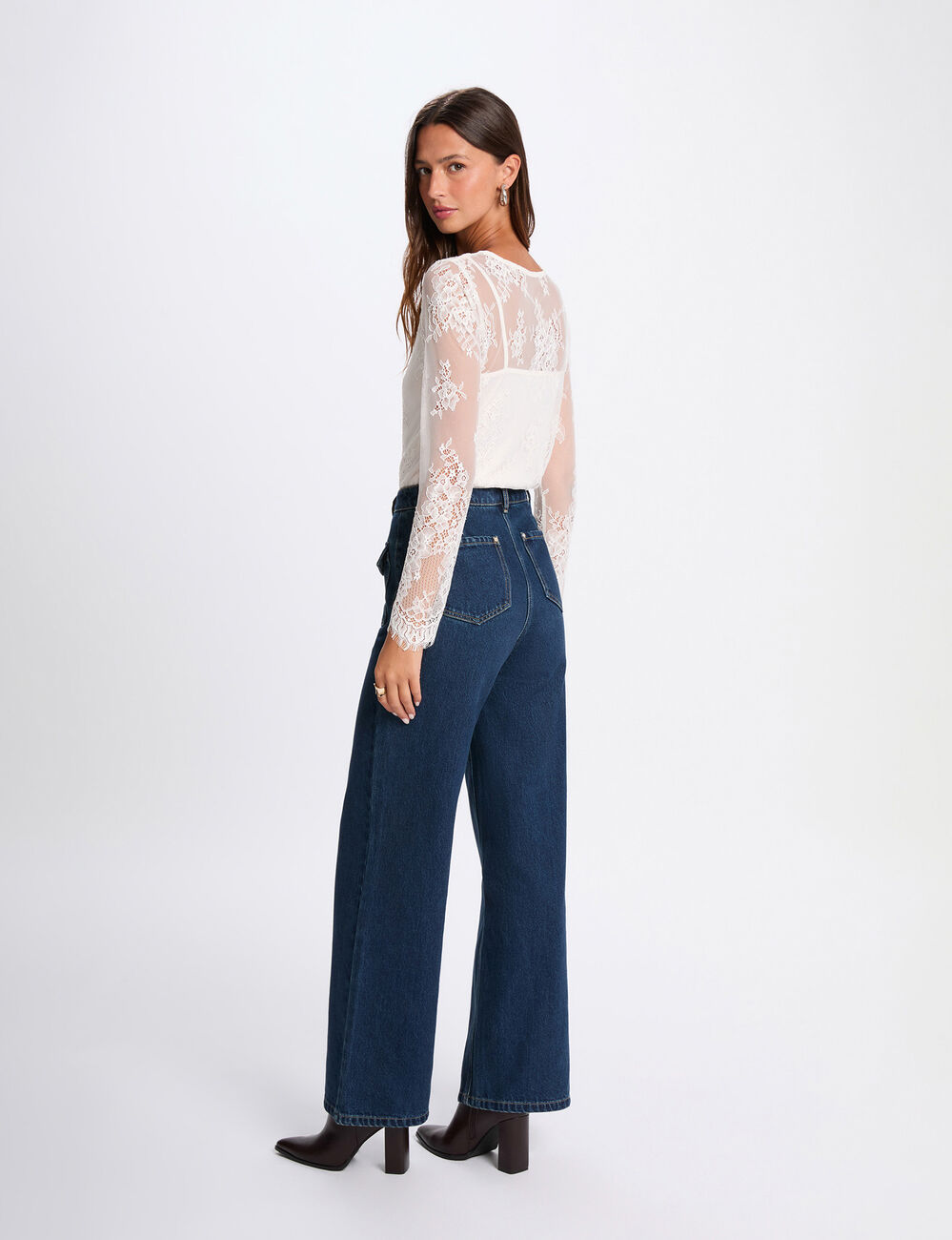 T-shirt dentelle manches longues ivoire femme