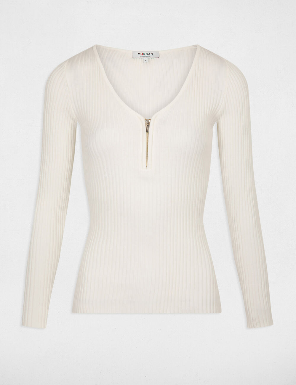 Pull manches longues tricotage en c&ocirc;te ecru femme