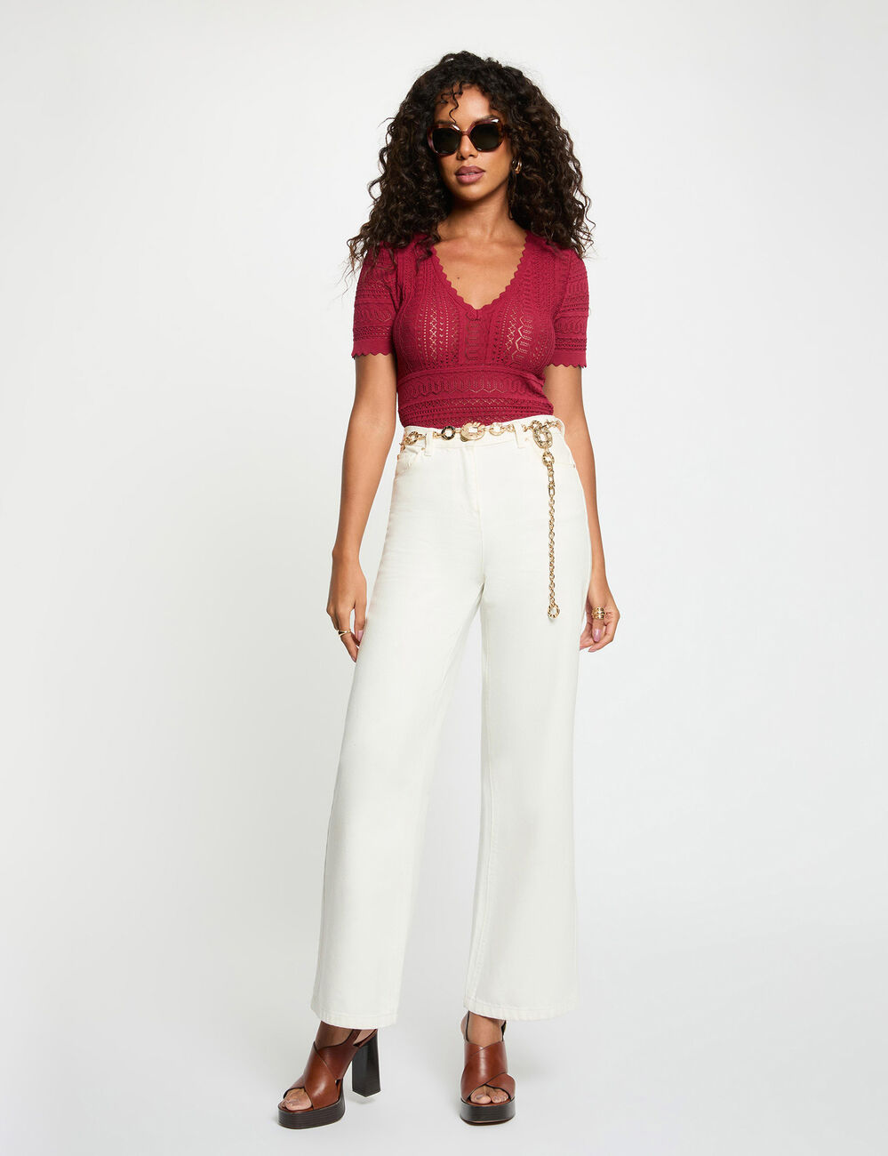 Top &agrave; manches courtes en dentelle bordeaux femme
