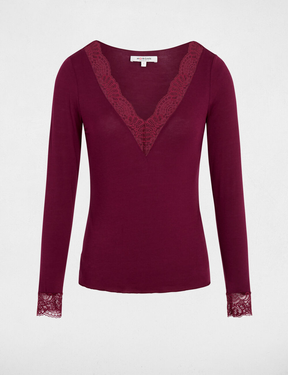 T-Shirt mit V-Ausschnitt und Spitze pflaume damen