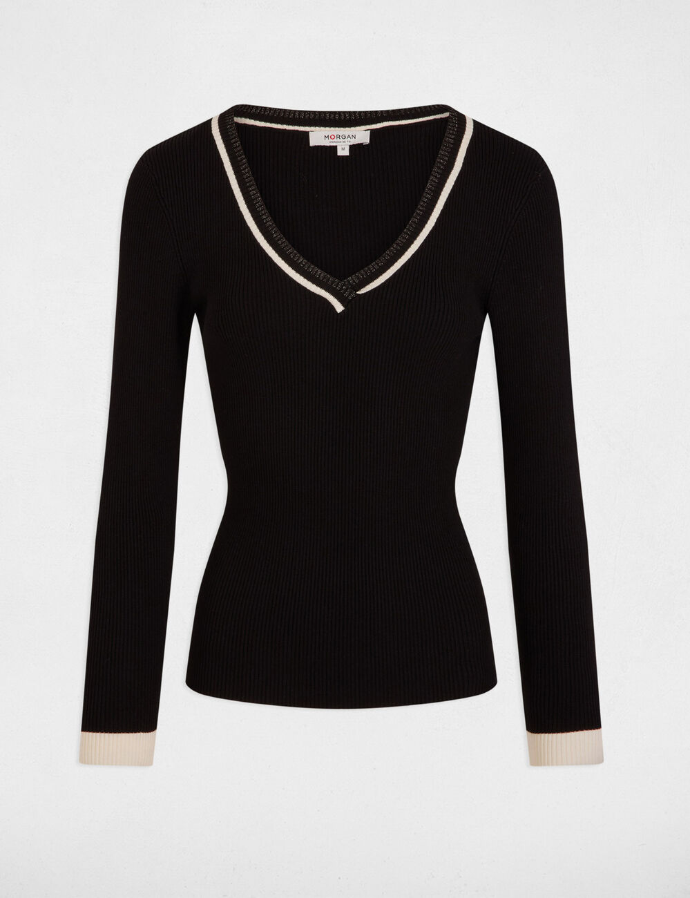 Pull manches longues col en V noir femme