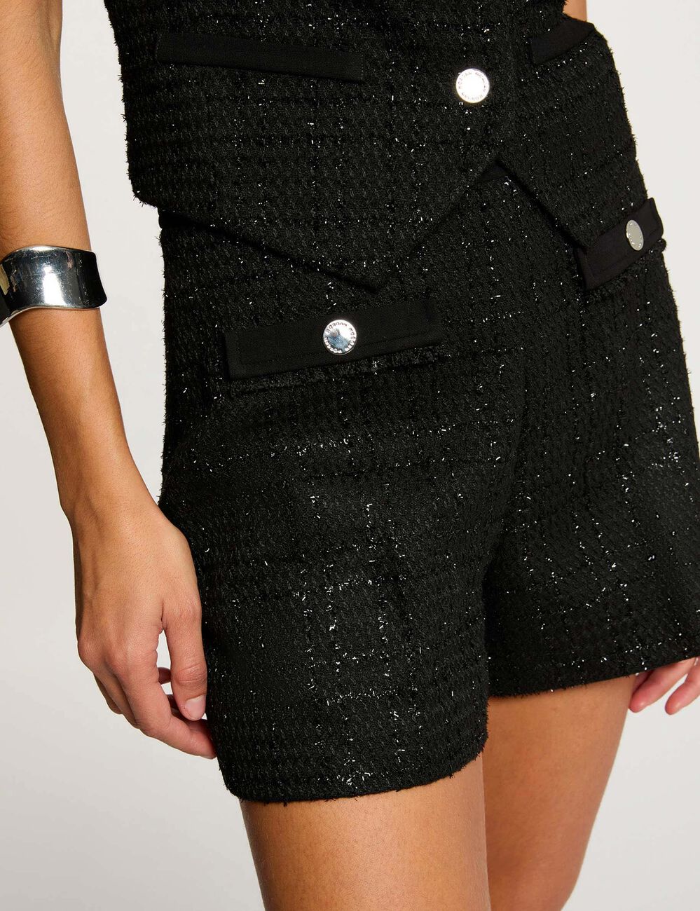 Short slim tweed noir femme