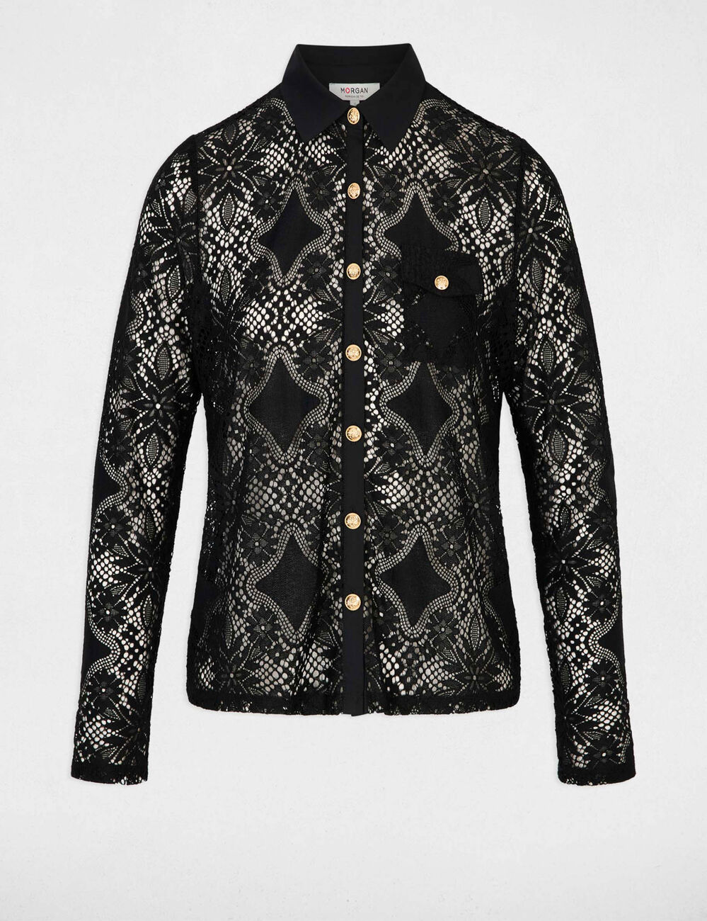 Chemise dentelle col &agrave; revers noir femme