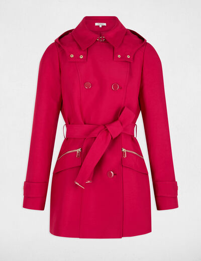 Trench cintré ceinturé à capuche rouge femme