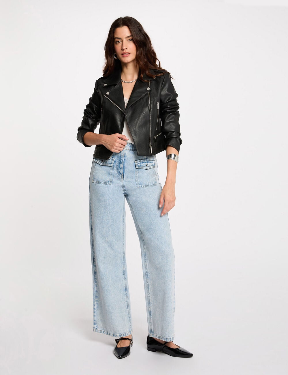 Blouson cintr&eacute; similicuir noir femme