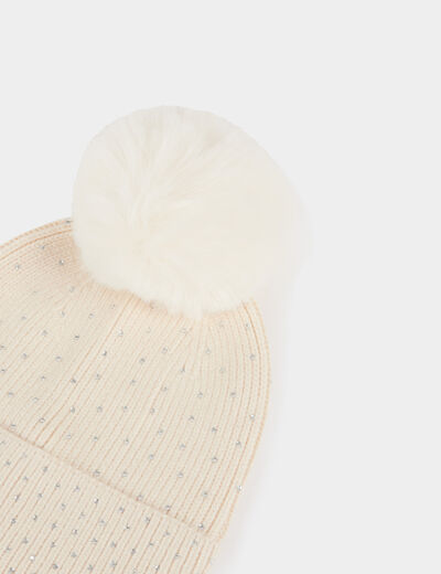 Bonnet avec strass et pompon ivoire femme