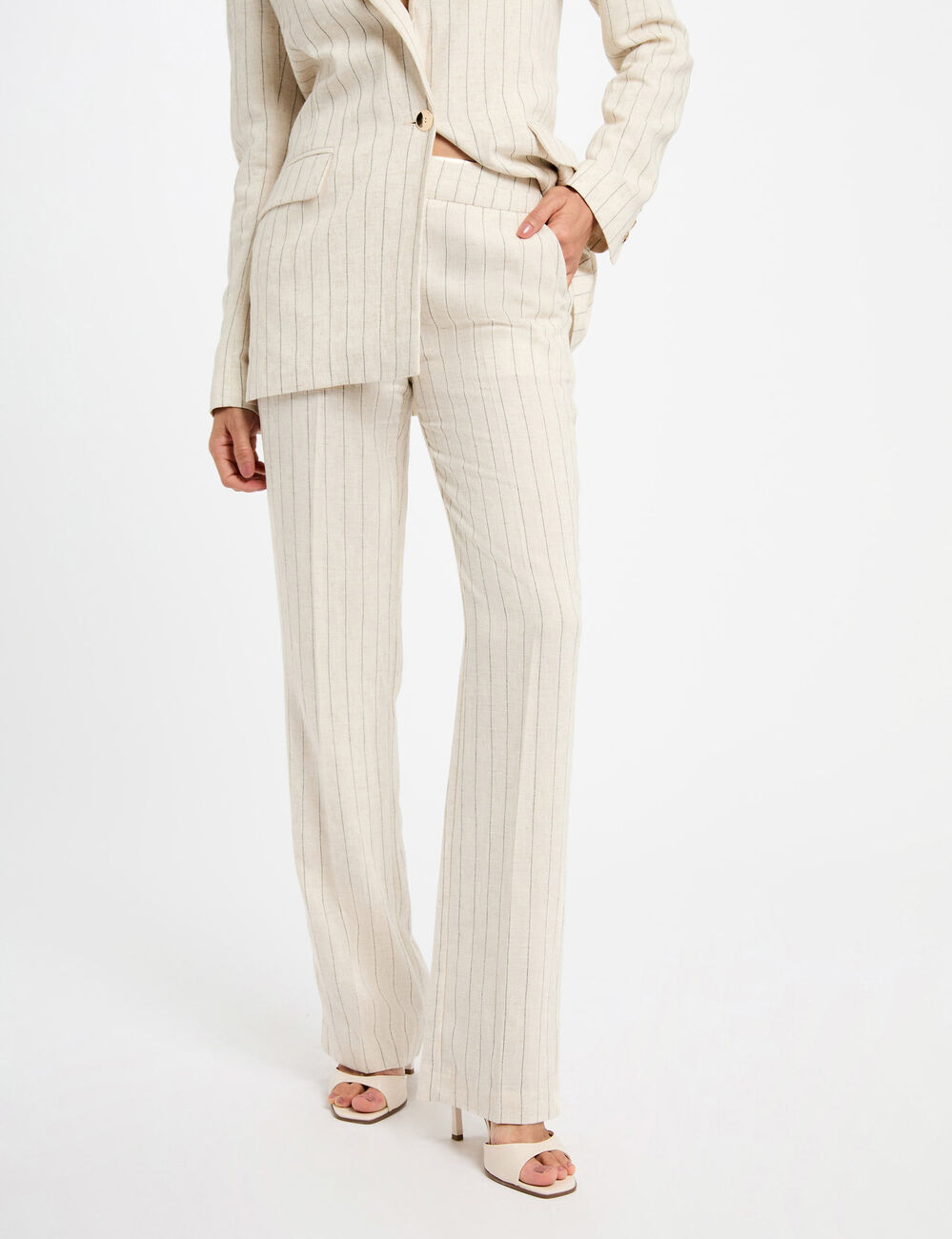 Pantalon large rayé beige femme