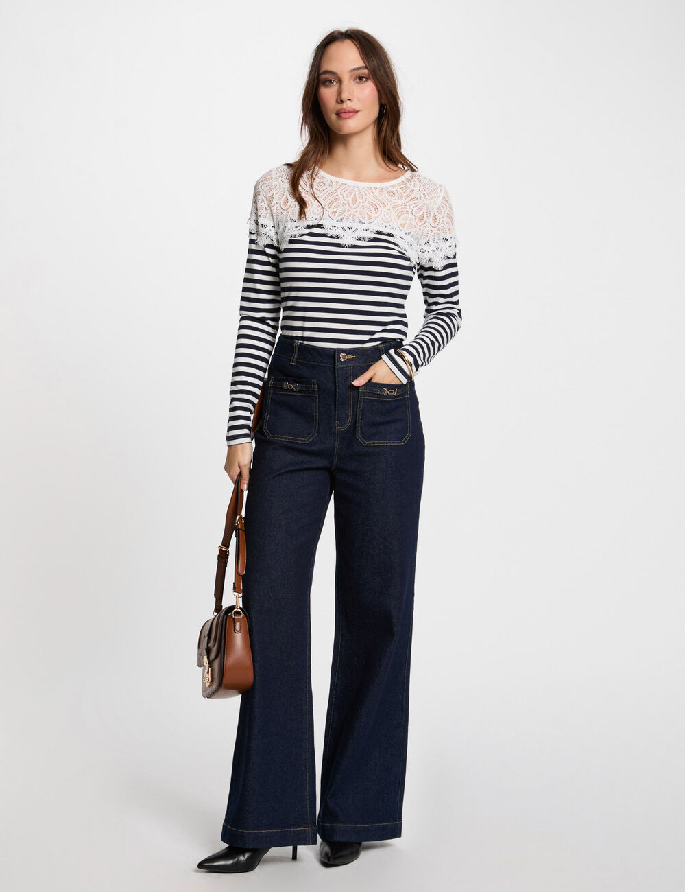 Gestreiftes Langarm-T-Shirt weiss damen