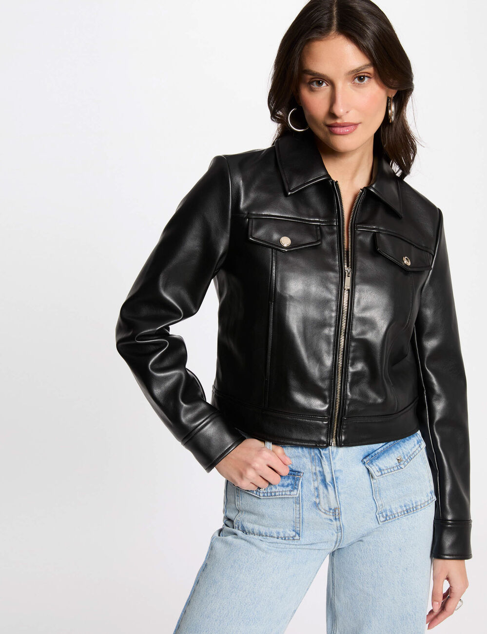 Blouson court simili cuir noir femme
