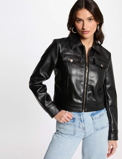 Blouson court simili cuir noir femme