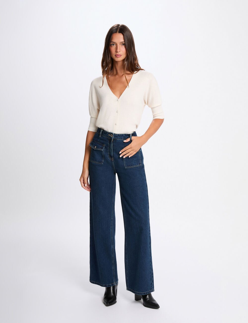 Gilet col en V manches longues ivoire femme