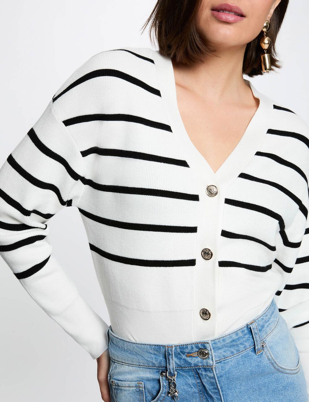 Gestreifter V-Ausschnitt-Pullover weiss damen