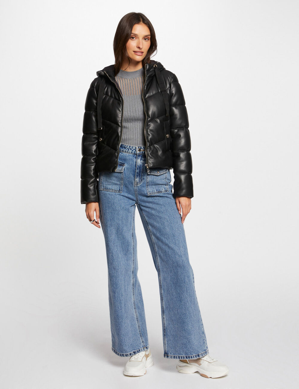 Daunenjacke aus Kunstleder mit Kapuze schwarz damen