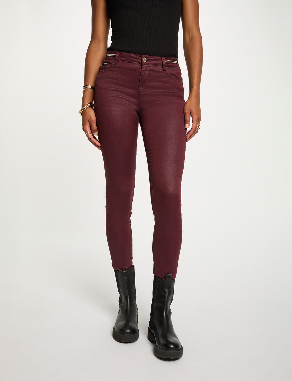 Pantalon slim enduit prune femme