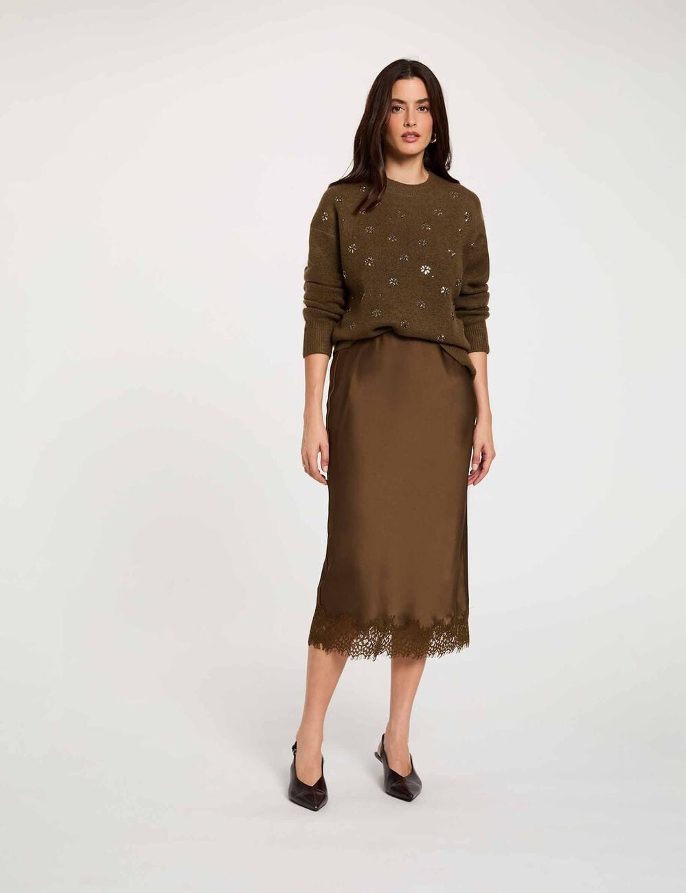 Dicker Pullover mit Rundhalsausschnitt khakigr&uuml;n damen