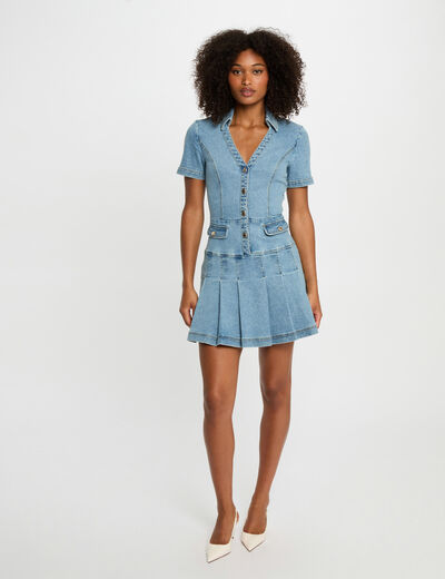 Robe courte trapèze en jean denim stone femme