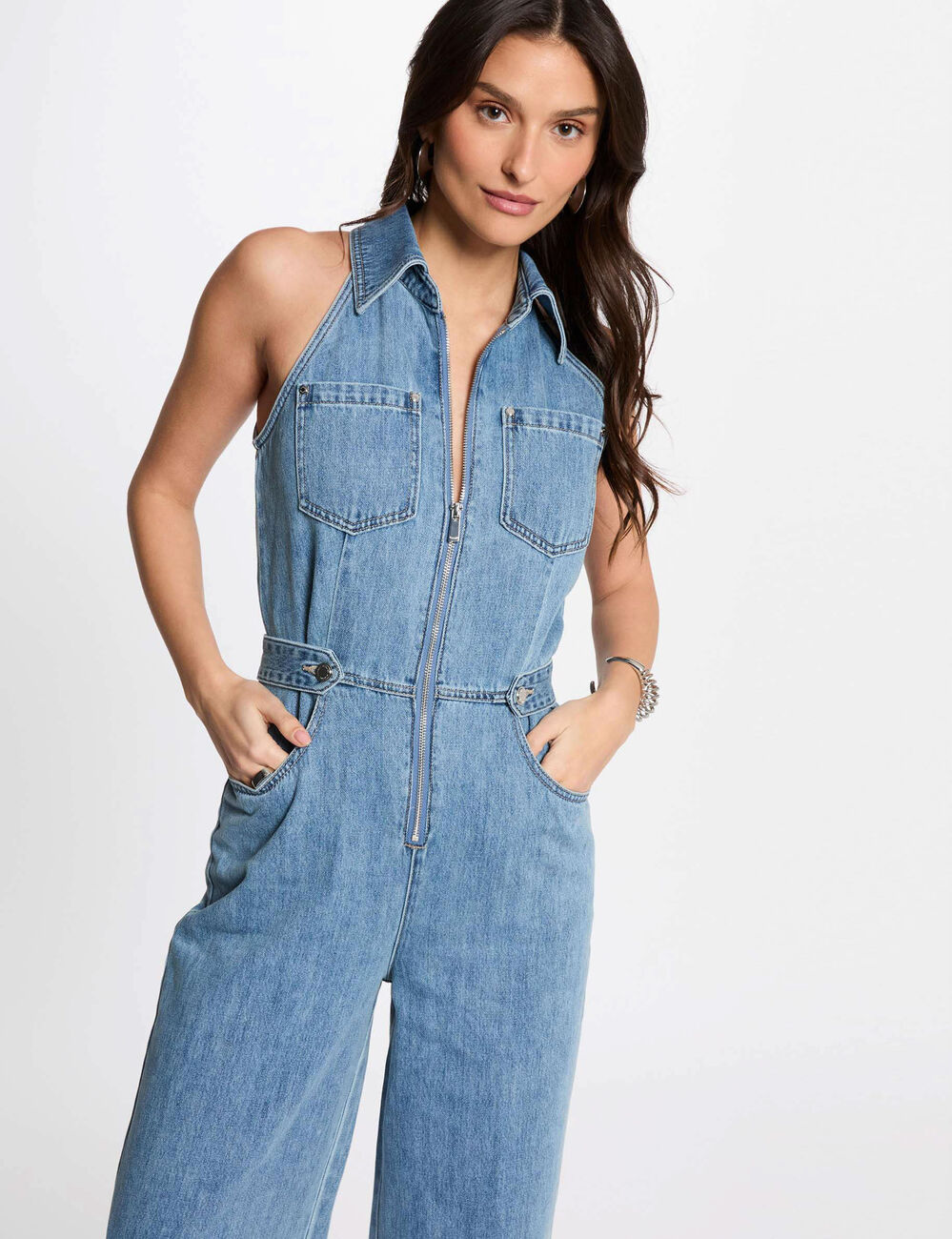 Combinaison longue en jean denim bleach femme