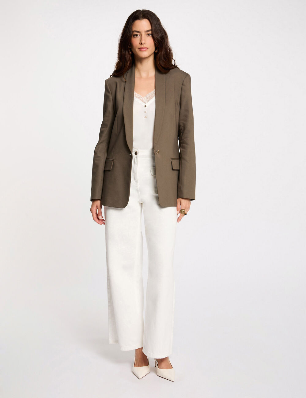 Veste courte col châle vert kaki femme