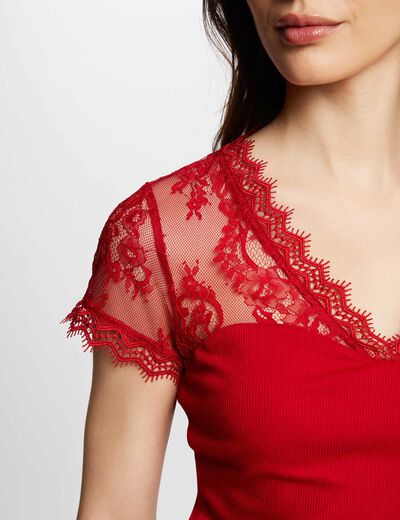 Kurzarmshirt mit Spitze rot damen