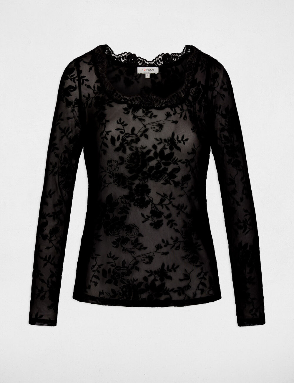 T-Shirt mit Spitzen und Herzausschnitt schwarz damen