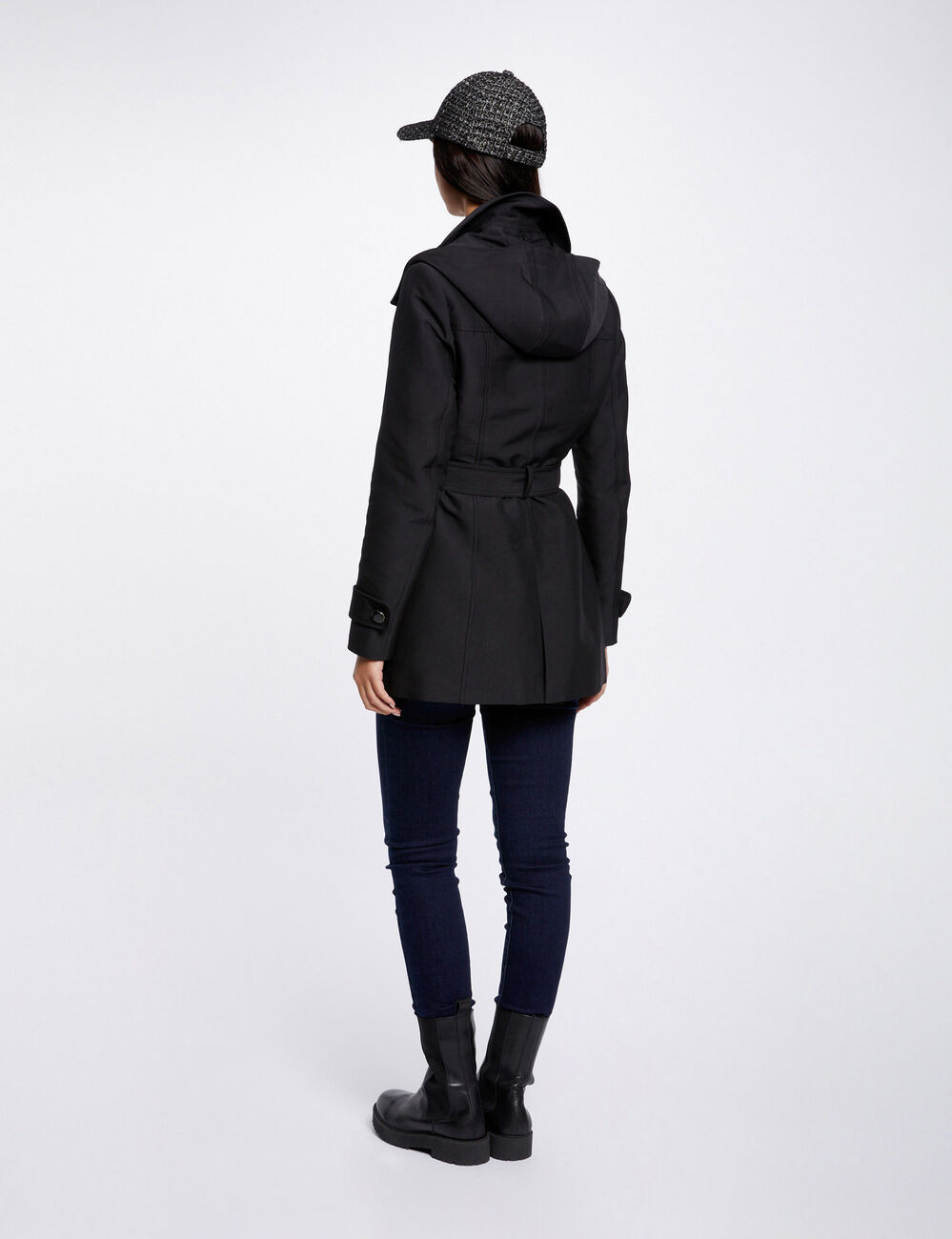 Trenchcoat mit Gürtel und Kapuze schwarz damen