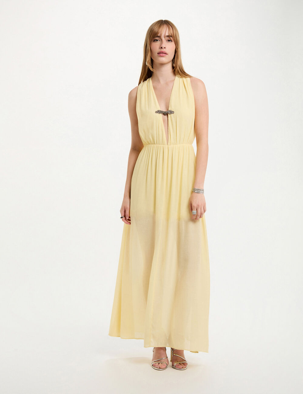 Robe longue droite jaune pastel femme