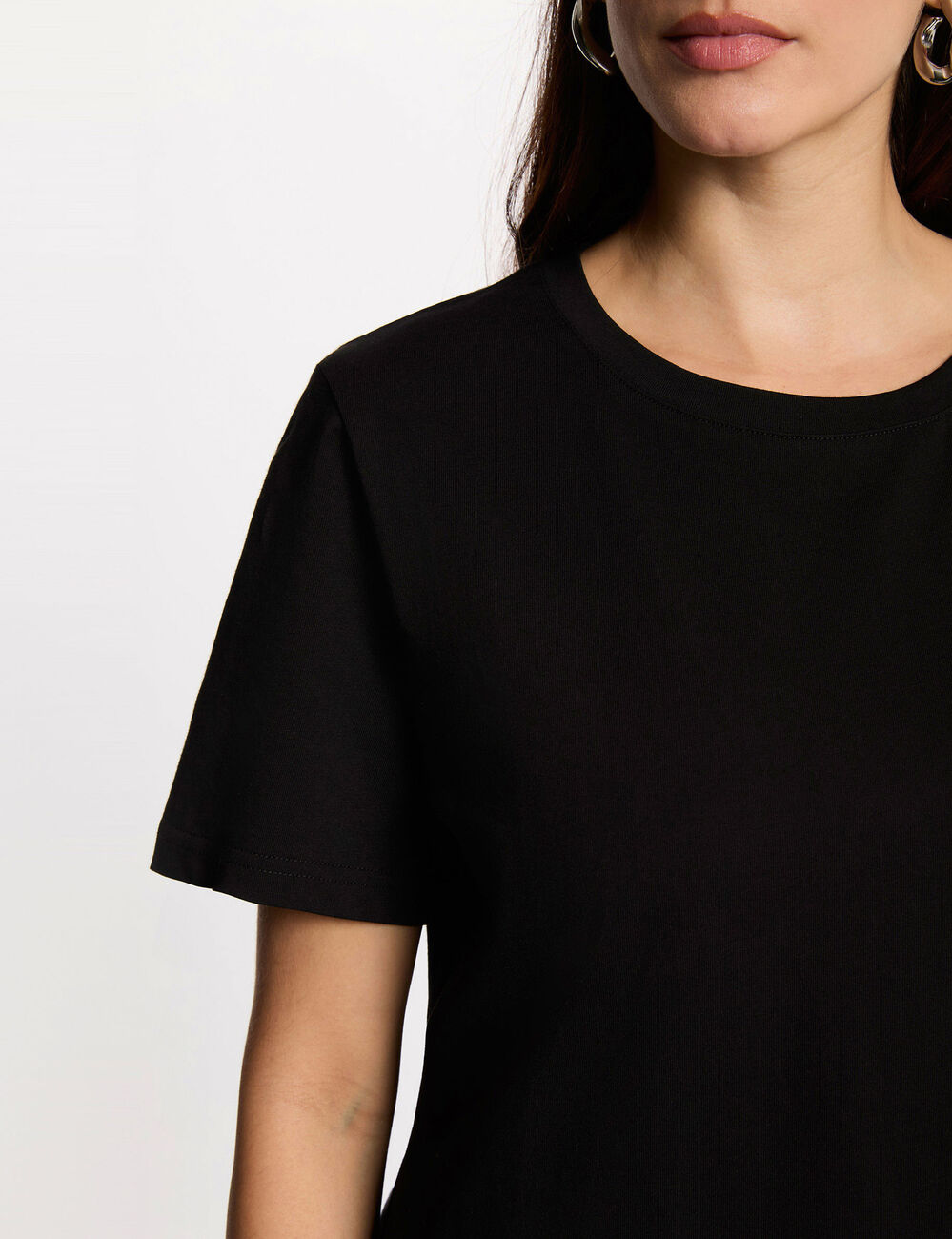 T-shirt brod&eacute; col rond noir femme
