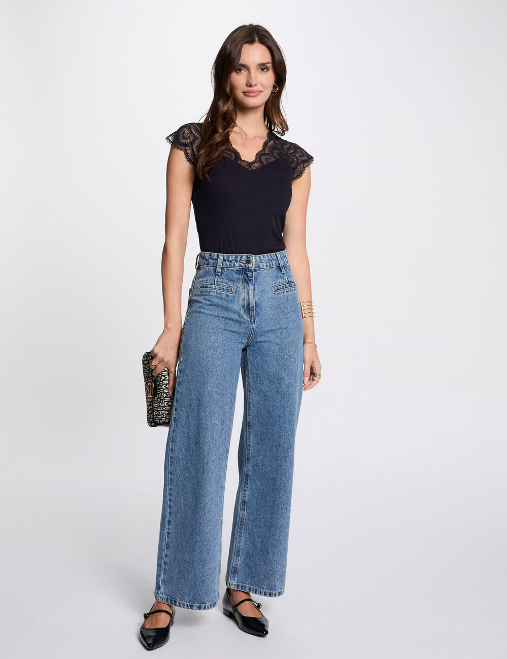 T-shirt dentelle col v bleu marine femme