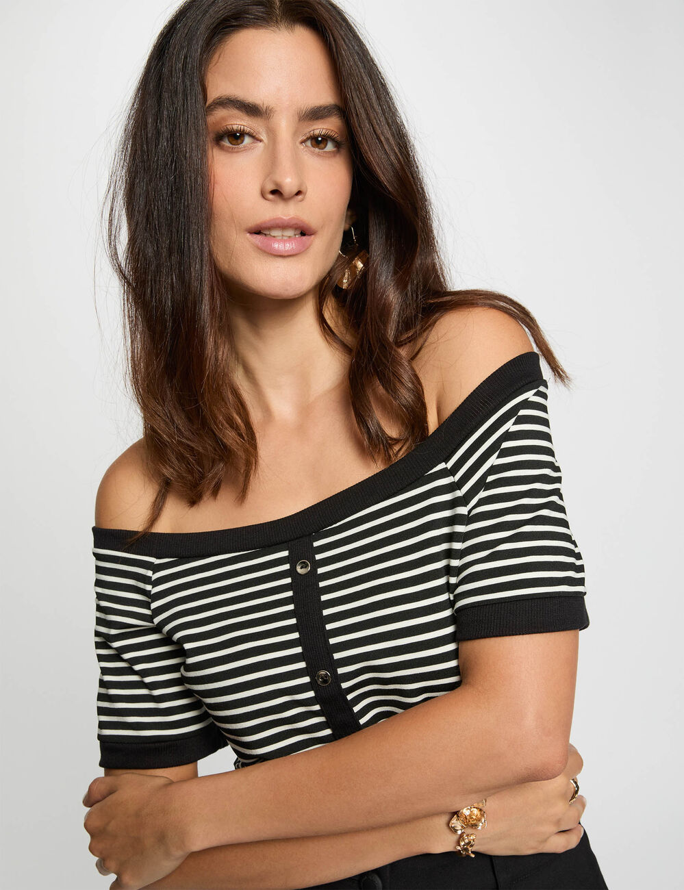 Gestreiftes Bardot-T-Shirt weiss damen