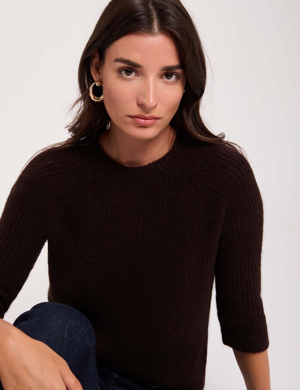 Flauschiger Strickpullover dunkelbraun damen