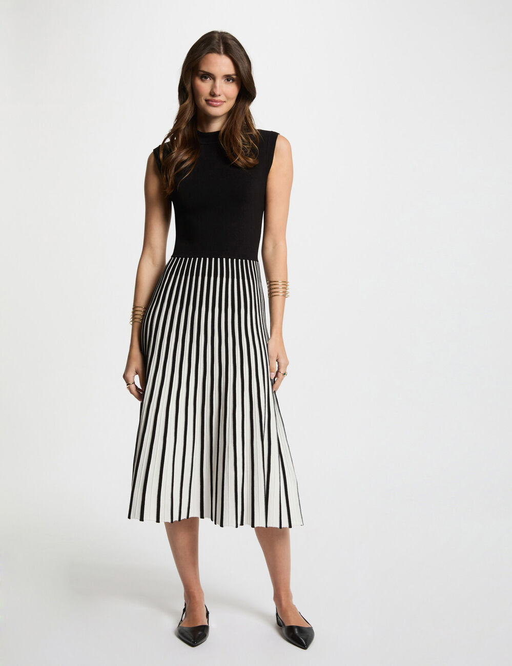 Robe tricot trapèze plissée noir femme
