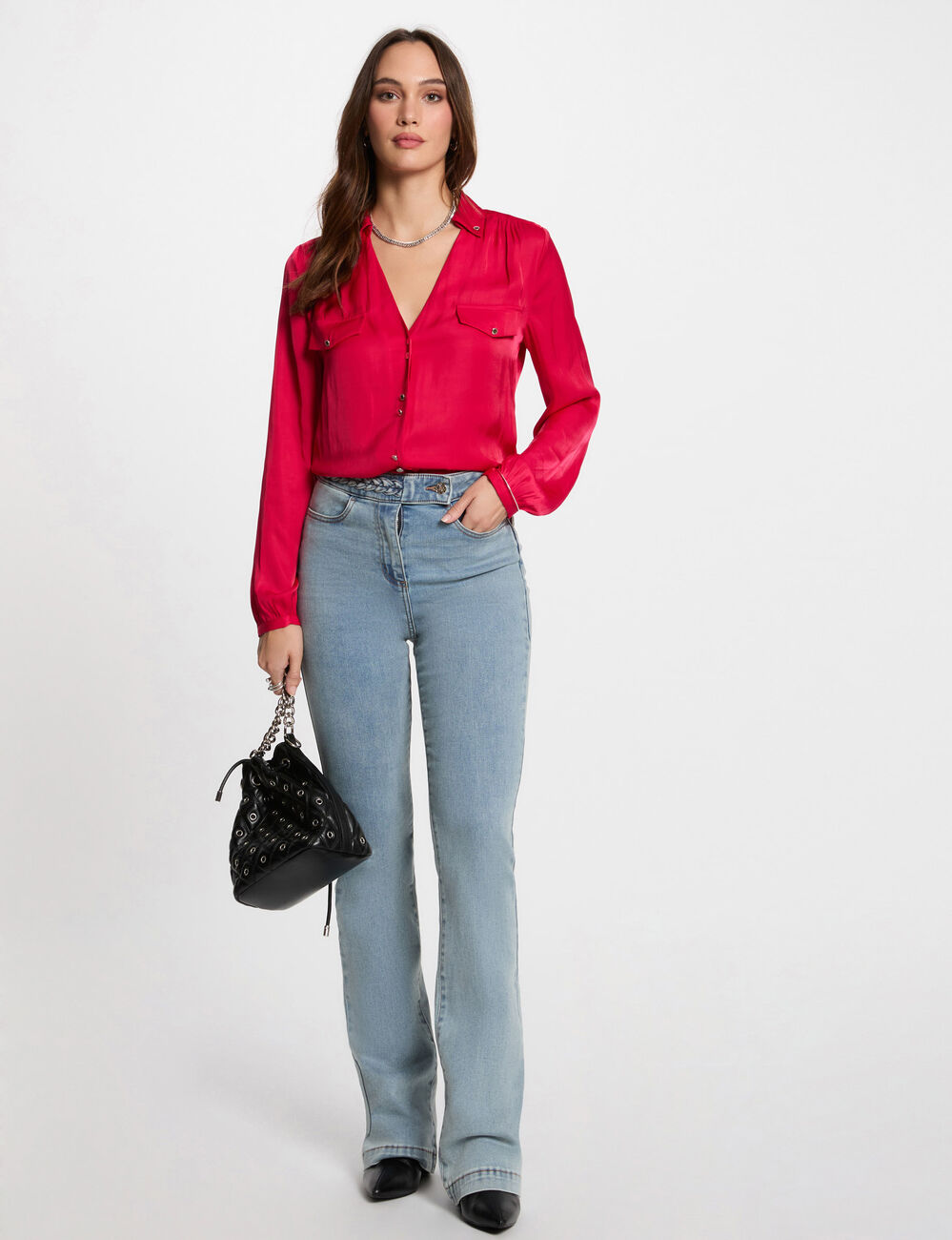 Jeans droit avec d&eacute;tails tress&eacute;s denim bleach femme