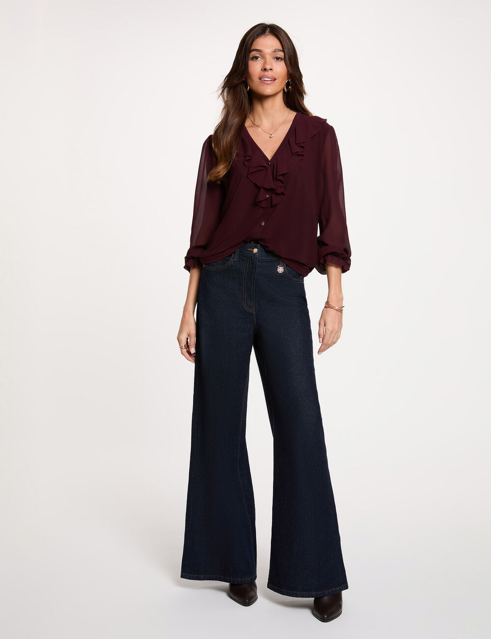 T-shirt voile col v prune femme