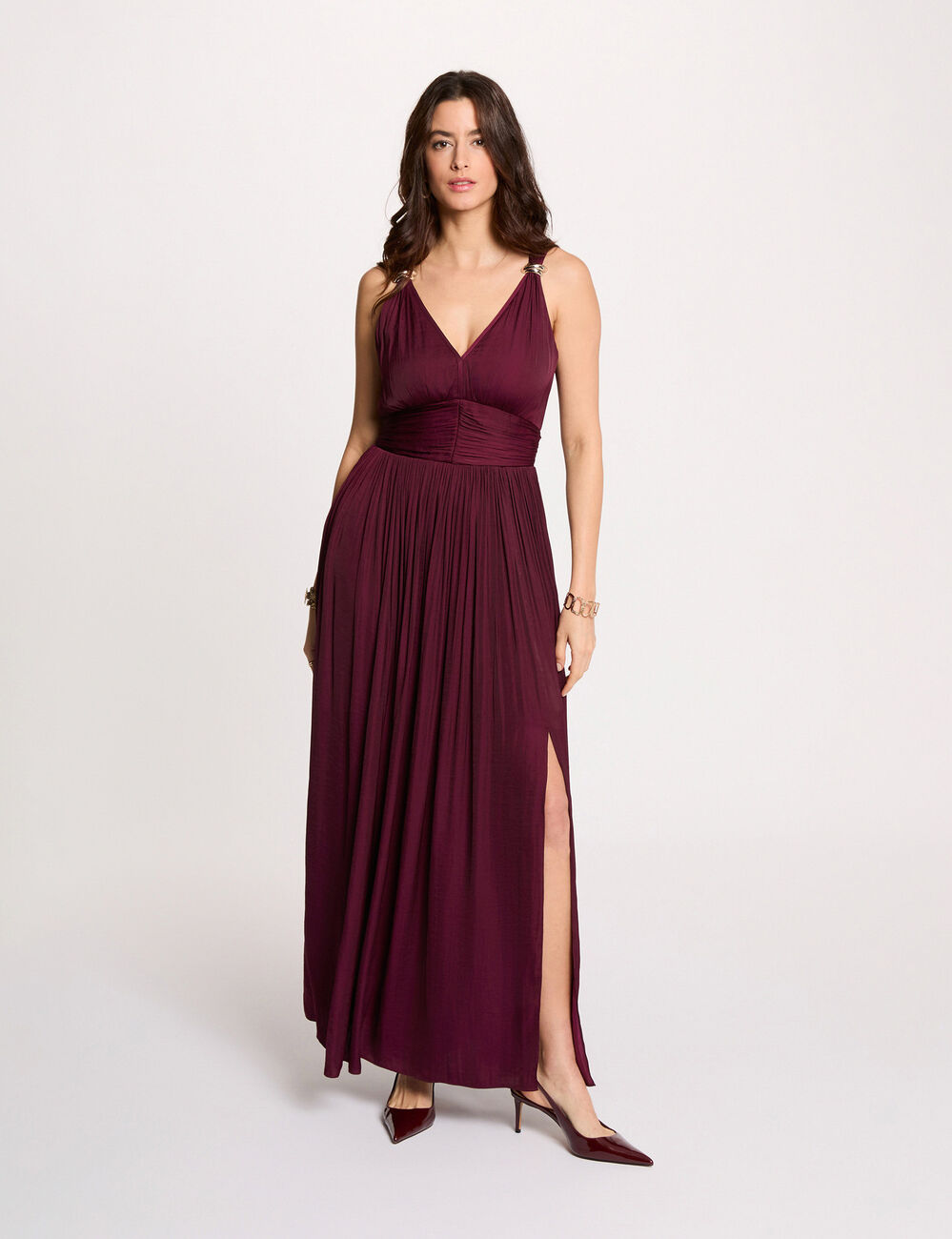 Robe longue col v prune femme