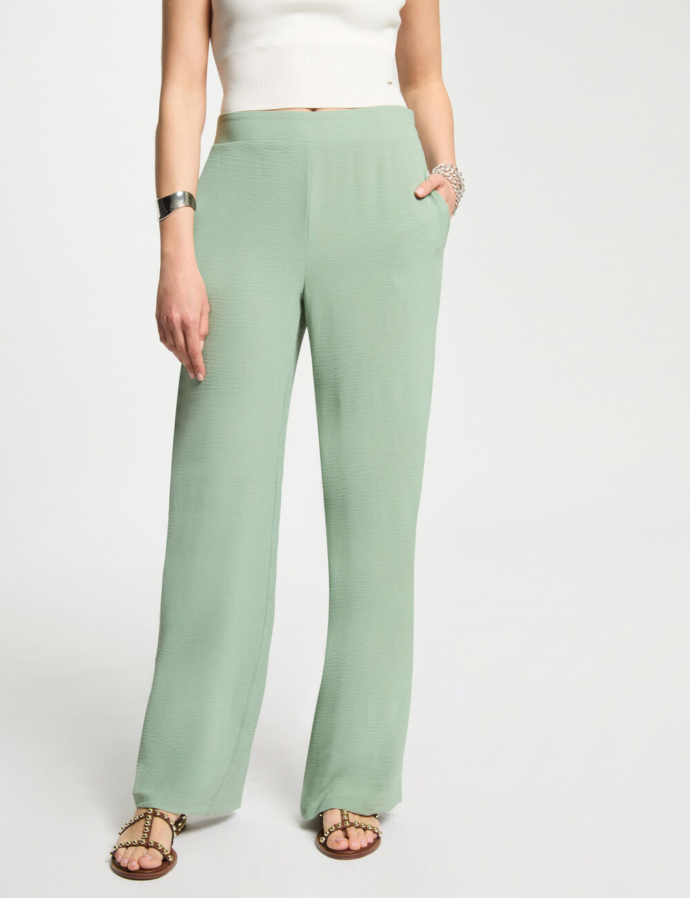 Pantalon large fluide vert clair femme