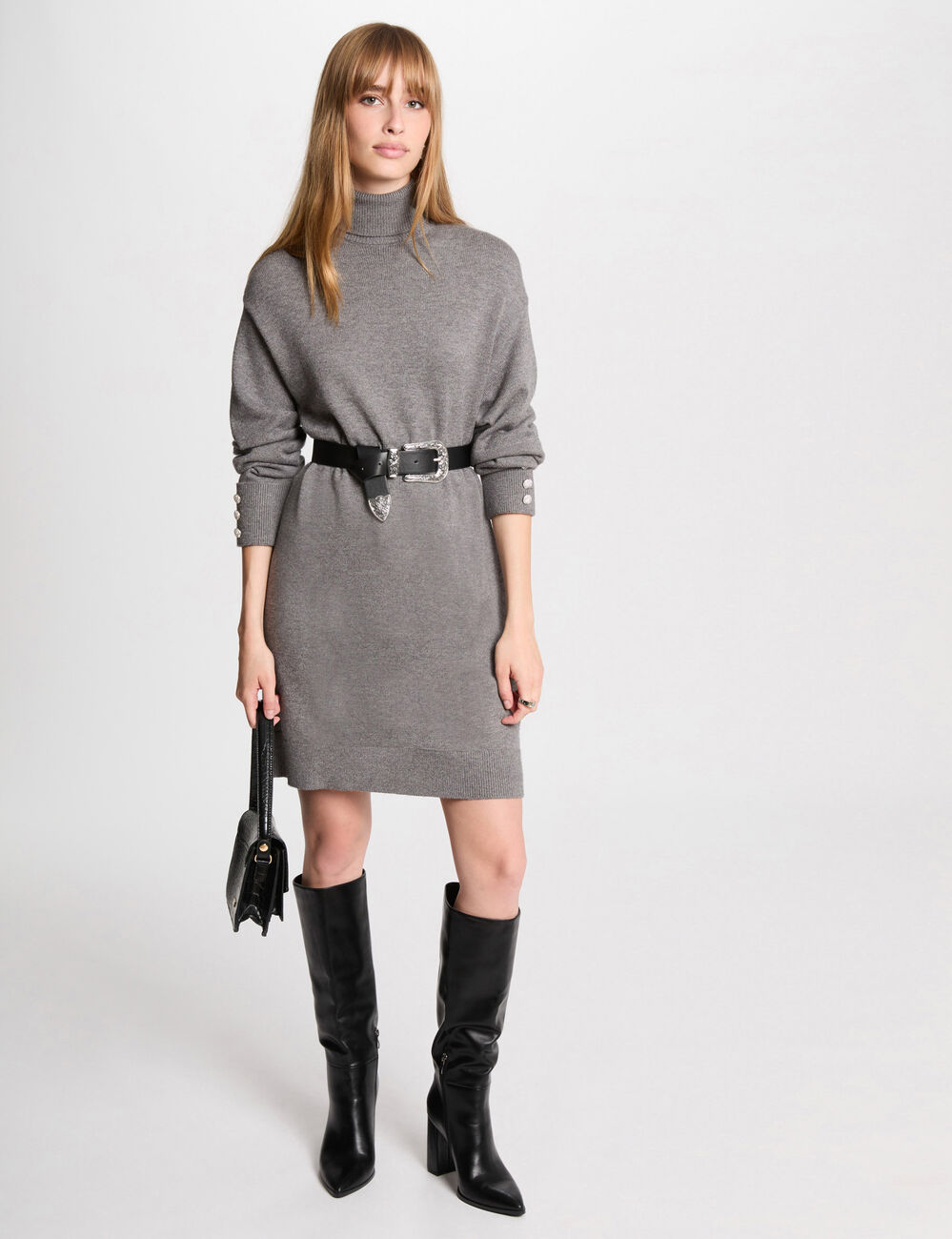Kurzes, gerades Strickkleid gris clair damen