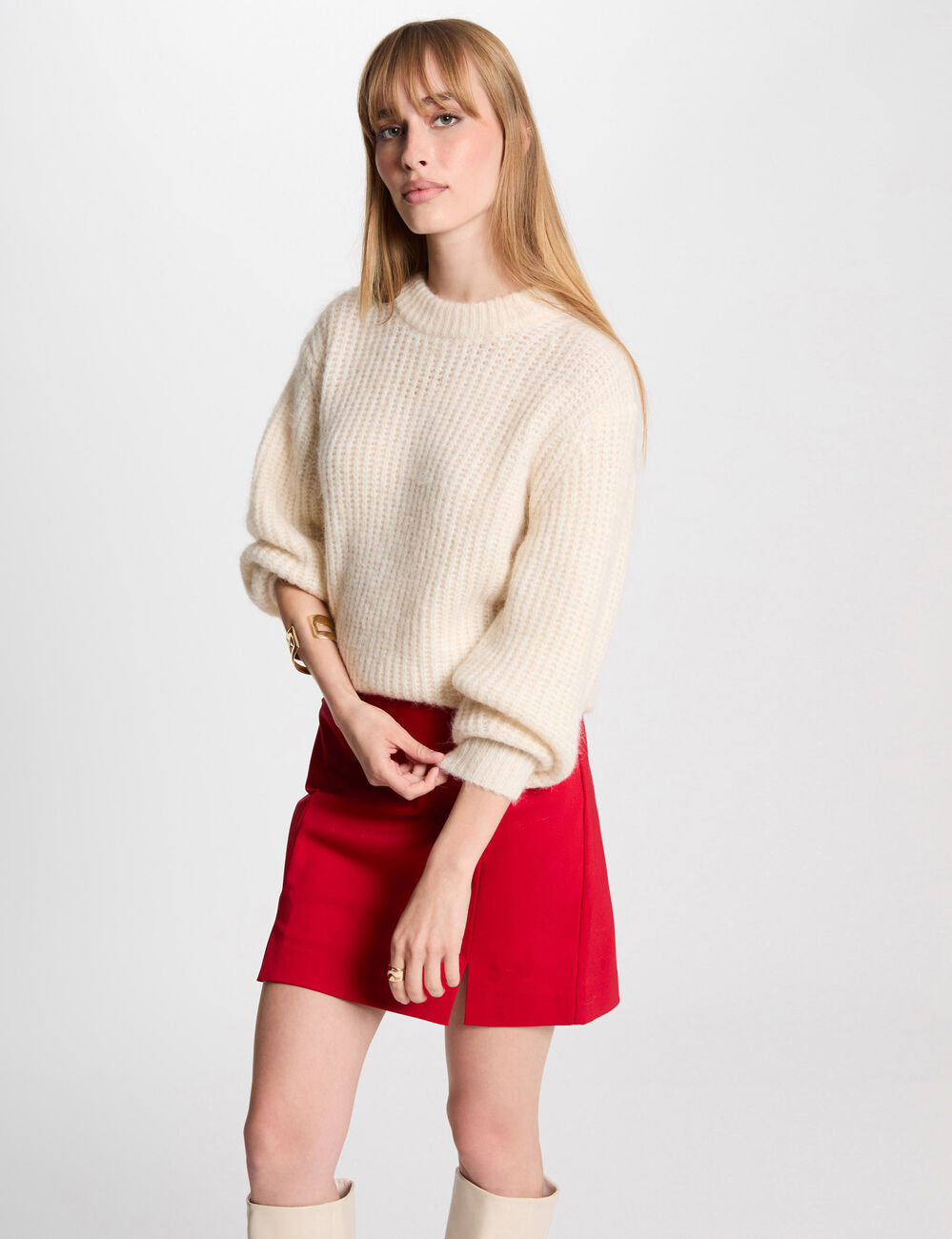 Langarm-Pullover mit Rundhalsausschnitt elfenbein damen