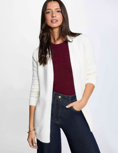 Gilet long col v ivoire femme