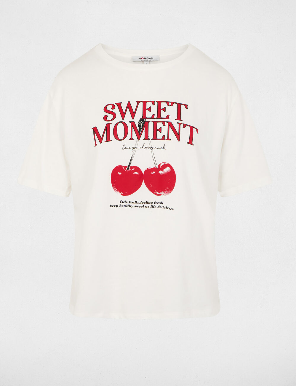 T-shirt imprim&eacute; col rond blanc femme